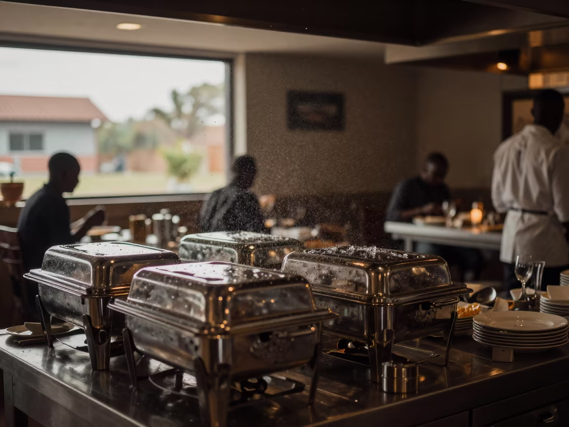 Frozen Water Splash Above Wedding Chafers in inside a breakfast room before opening near Lubumbashi