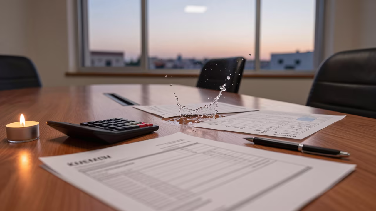 Frozen Water Splash Over Accounting Desk in inside a conference room near Khemisset