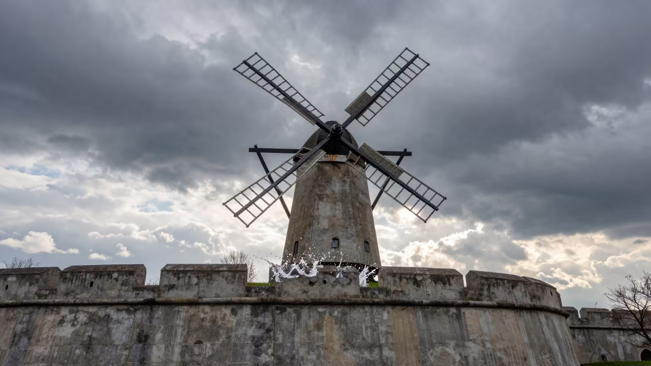 Frozen Water Splash Beside Turning Windmill in outside a wind-scoured fortress wall in Englischer Garten, Munich