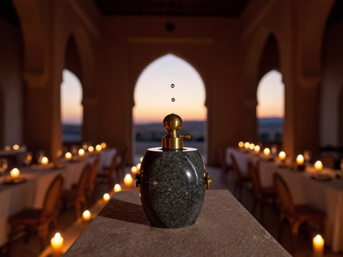 Frozen Water Splash Brass Bin Taourirt Banquet in inside a banquet hall before service in Taourirt