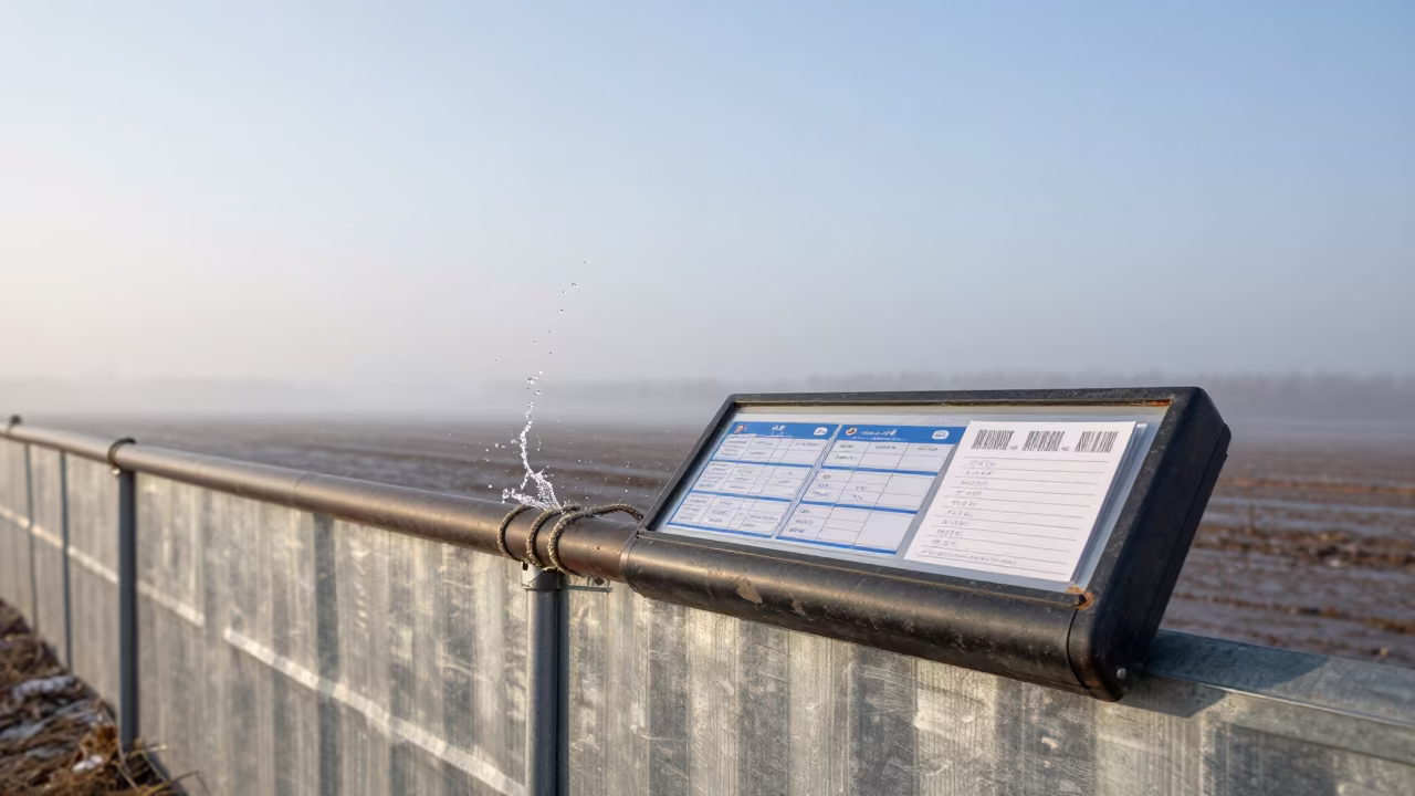 Frozen Water Splash on Calf Thermometer Board in near a windbreak and water trough in Liaoning