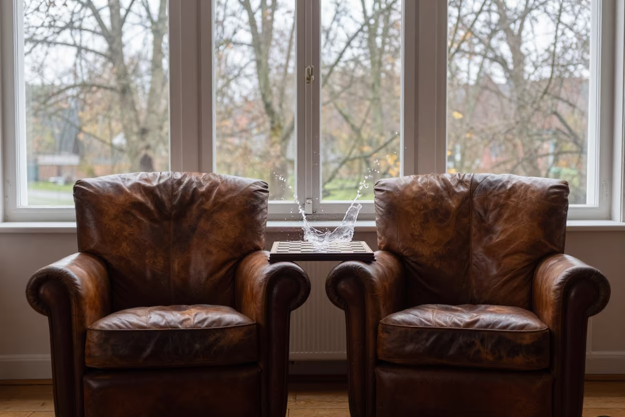 Frozen Water Splash Over Chess Board in on a worn leather armchair in Aarhus