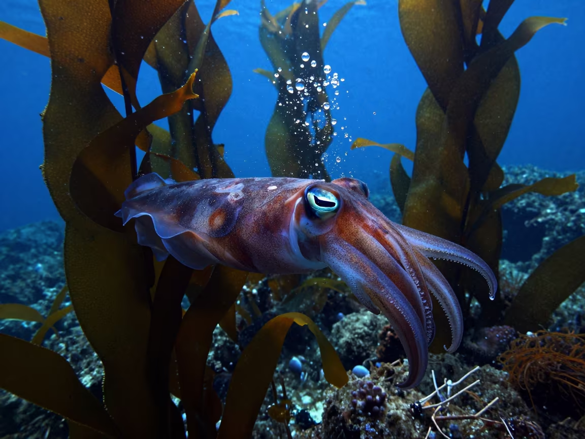 Frozen Water Splash and Cuttlefish in Kelp in beside a reef crevice under clear water near Cairns