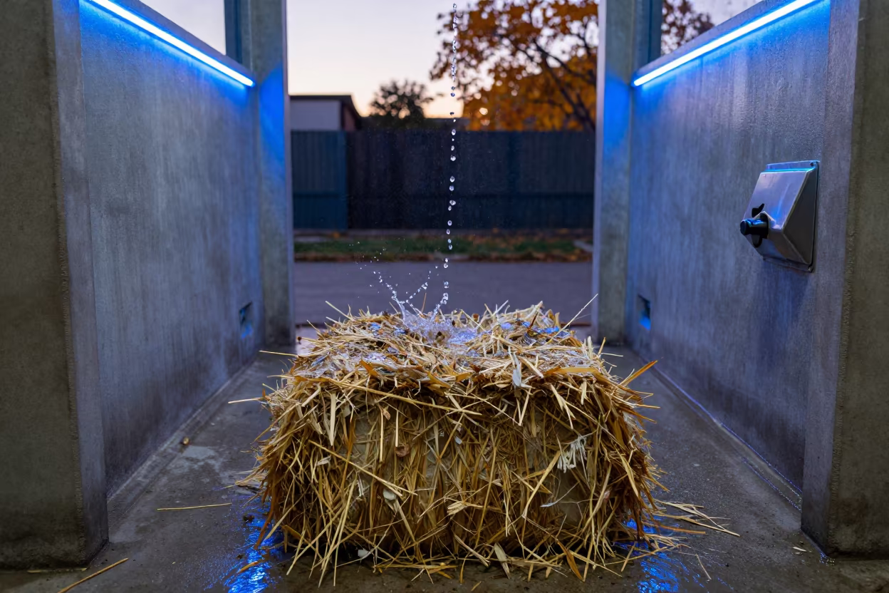 Frozen Water Splash Over Hay Cube Tote in at a self-serve dog wash station in Barrio Sur, Montevideo