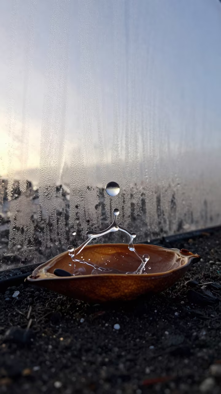 Frozen Water Splash Inside Split Seed Pod in inside a seed pod split open near Skolavordustigur, Reykjavik