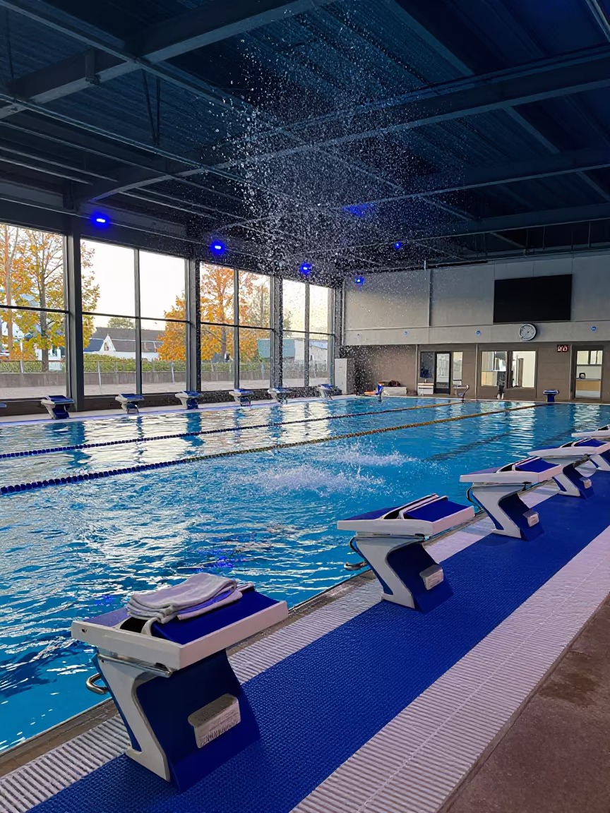 Frozen Water Splash Over Lap Pool Deck After Class in on an indoor lap-pool deck before open swim near Strasbourg