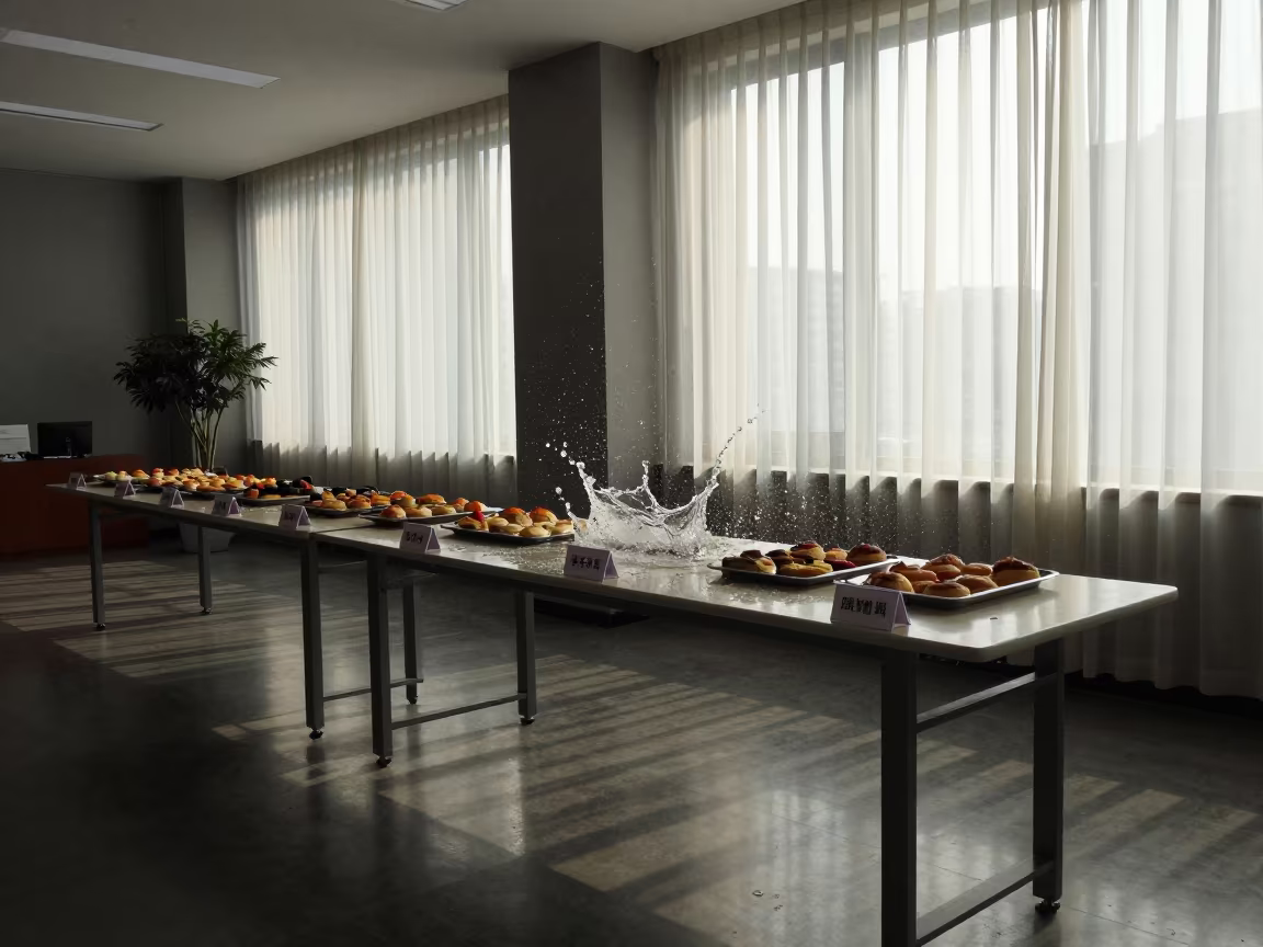 Frozen Water Splash Office Foyer Late Autumn in at a boardroom table before a meeting near Wenzhou