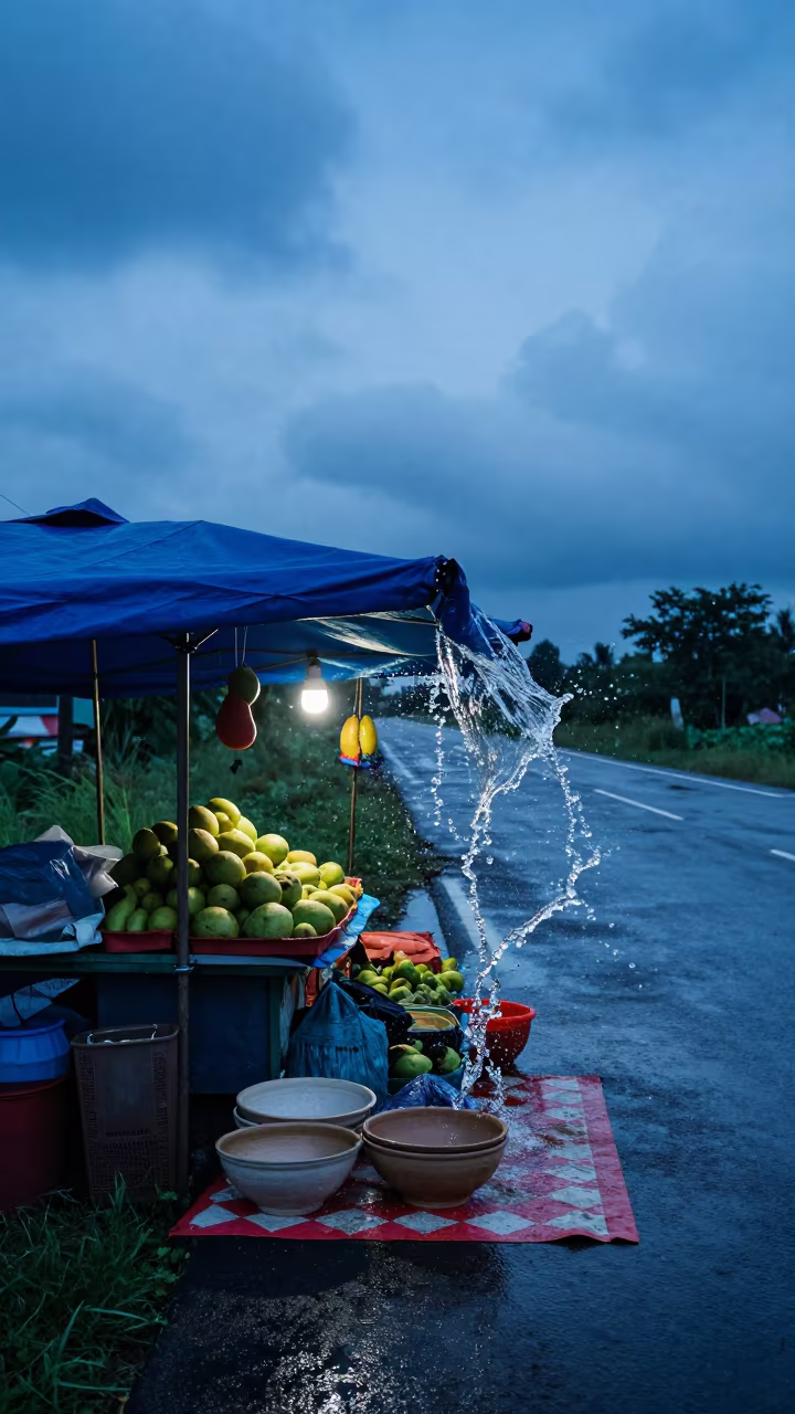 Frozen Water Splash Over Ceramic Bowls Market in at a roadside fruit stand in Kuala Terengganu