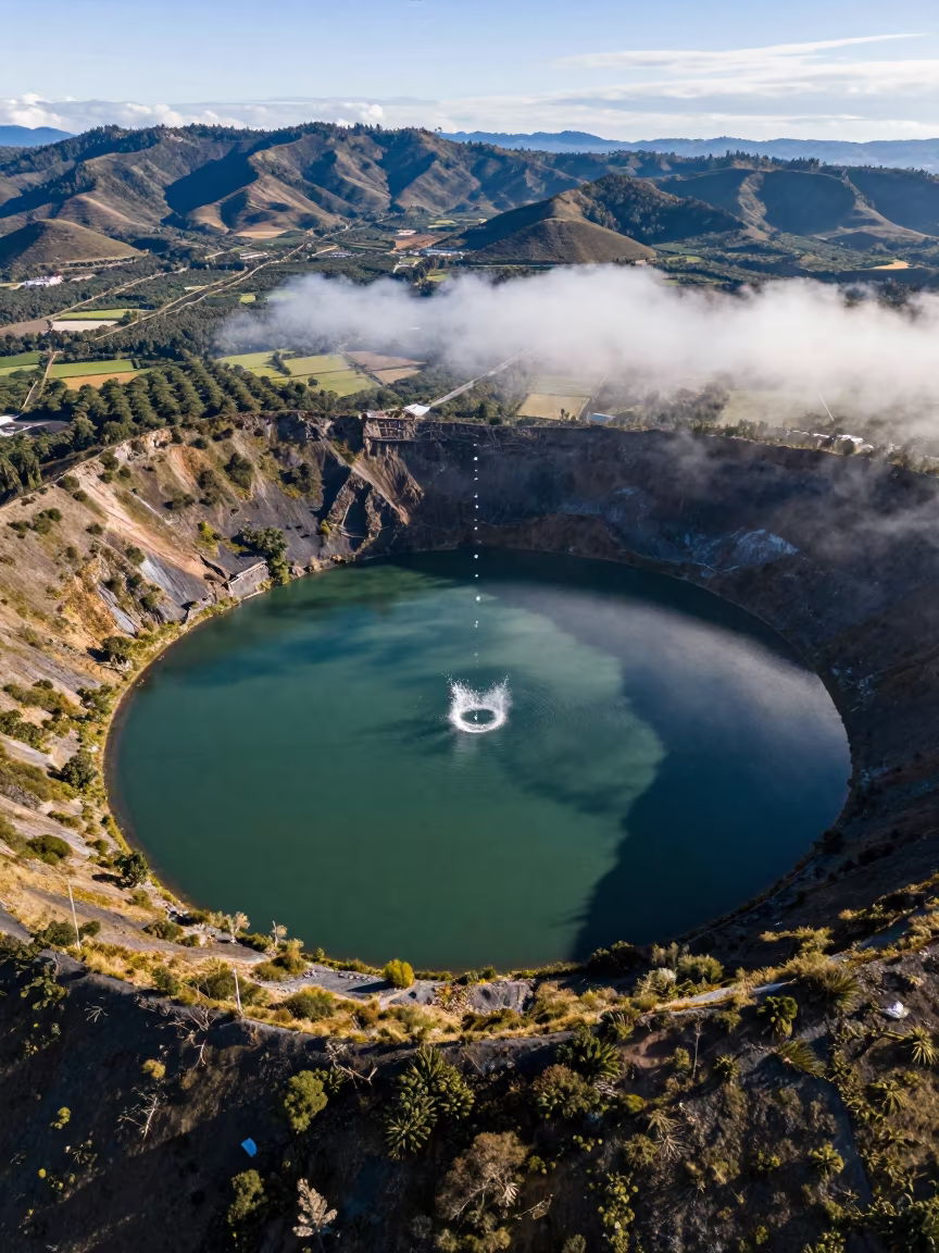 Frozen Water Splash Over Ecuador Crater Lake in far above orchard blocks and irrigation lines in Ecuador