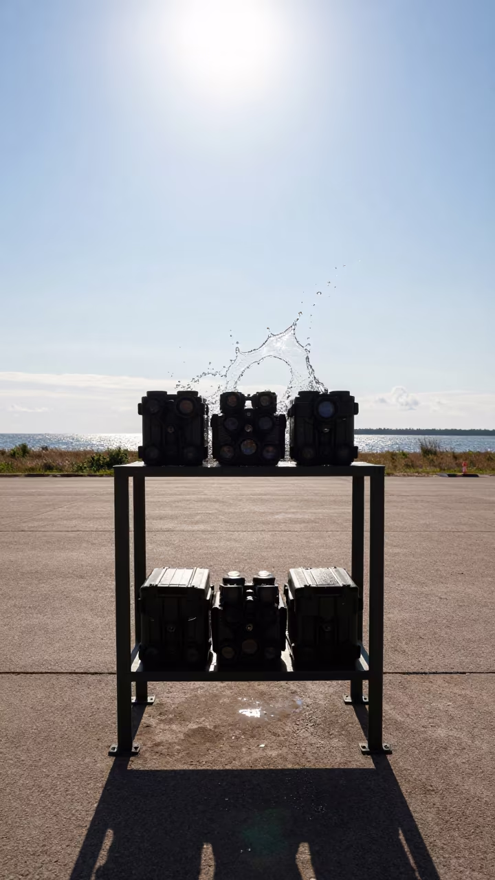 Frozen Water Splash Over Military Charger Shelf in at a checkpoint lane in Estonia