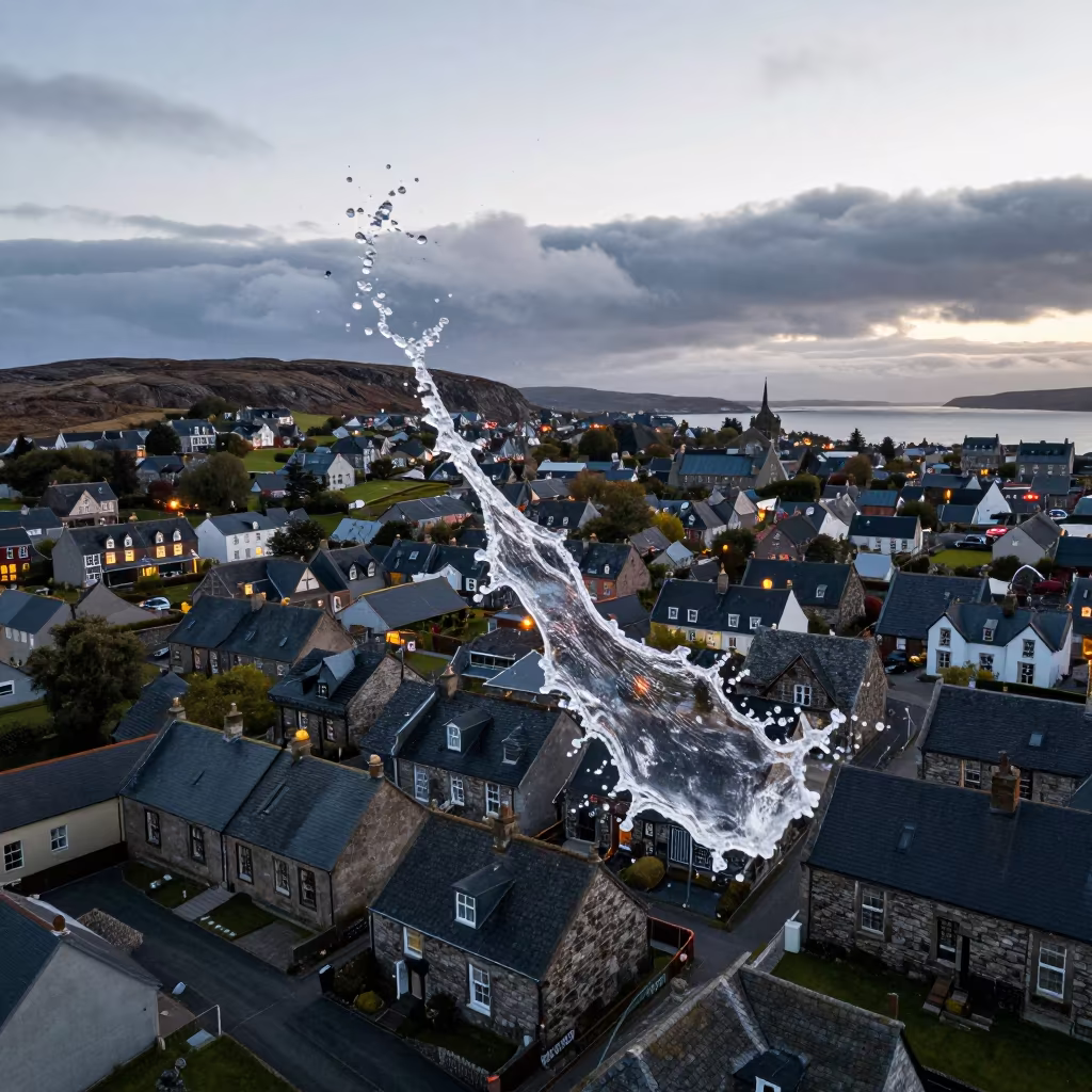 Frozen Water Splash Over Scottish Rooftops in far above river meanders in the Scottish Isles