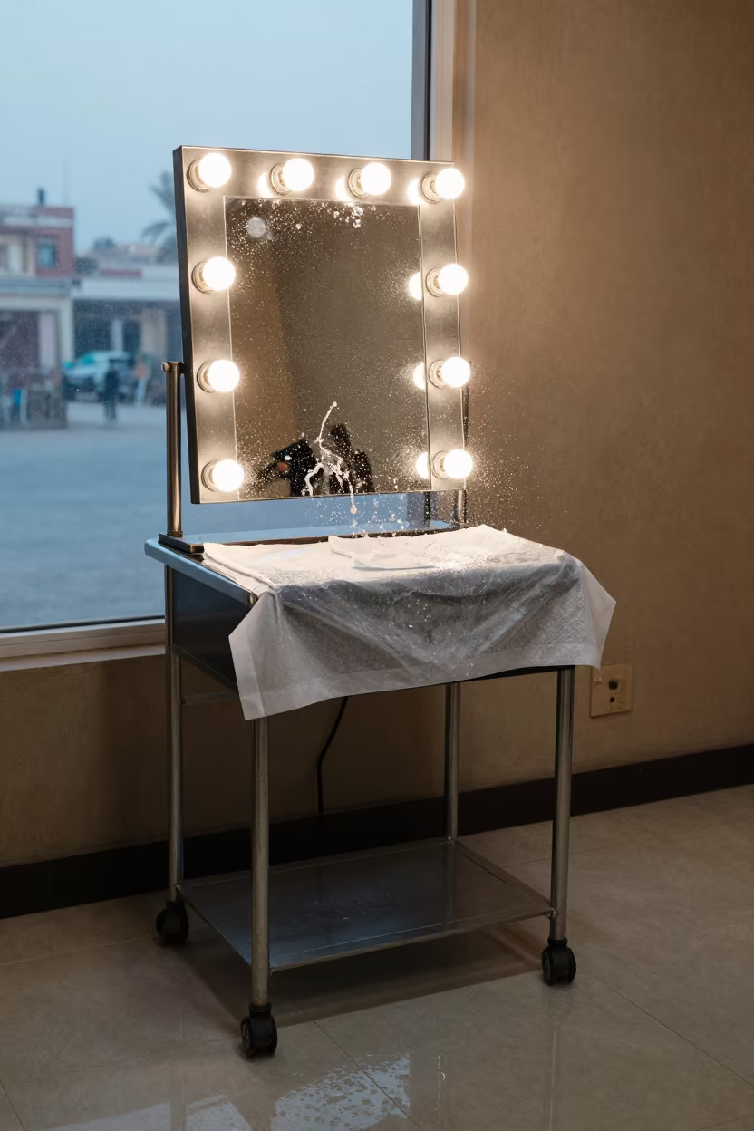 Frozen Water Splash Over Toner Blotter in Aswan in at a barber station beneath mirror bulbs in Aswan