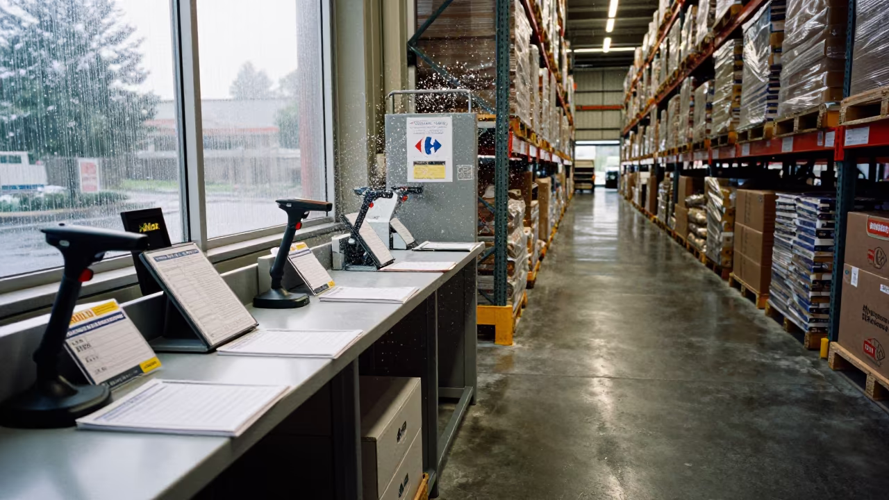 Frozen Water Splash at Warehouse Inventory Station in inside a warehouse aisle near Carrefour
