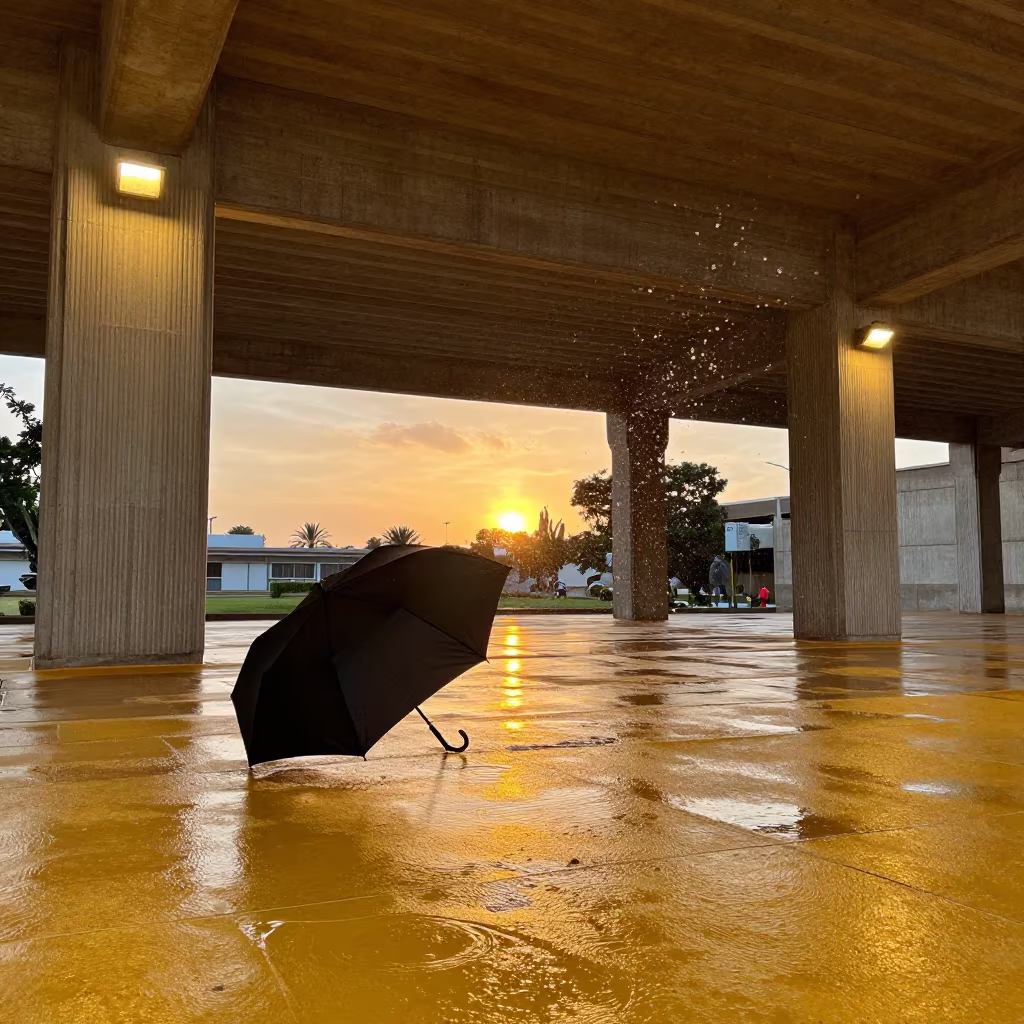 Frozen Water Splash on Yellow Pavement Umbrella in inside a ribbed concrete lobby in Shiraz