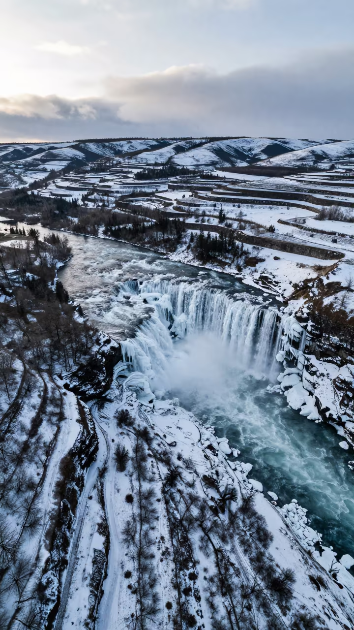 Frozen Waterfall Aerial View Alberta Winter in far above terraced hillsides in Alberta