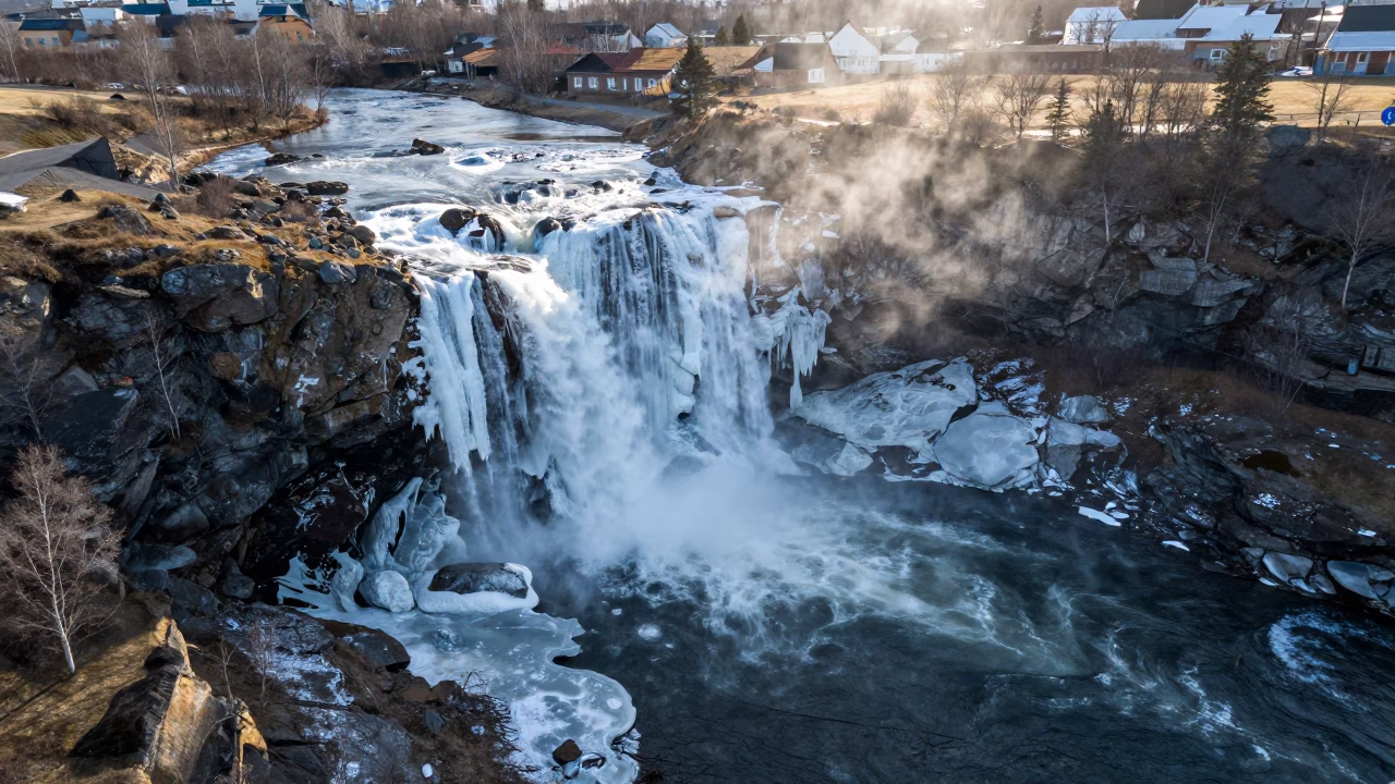 Frozen Waterfall Aerial View Early Spring Thaw Oslo in far above river meanders near Oslo