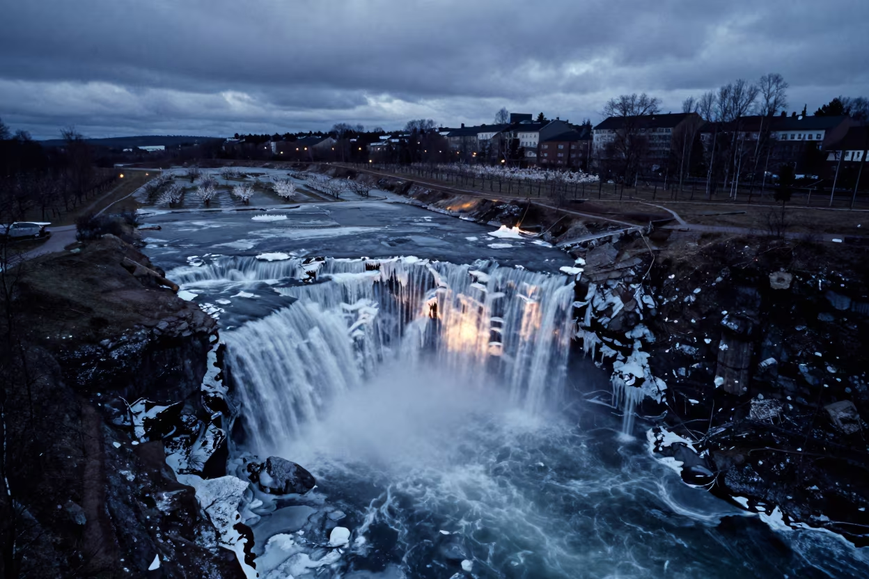 Frozen Waterfall Aerial View Near Helsinki in far above orchard blocks and irrigation lines near Helsinki