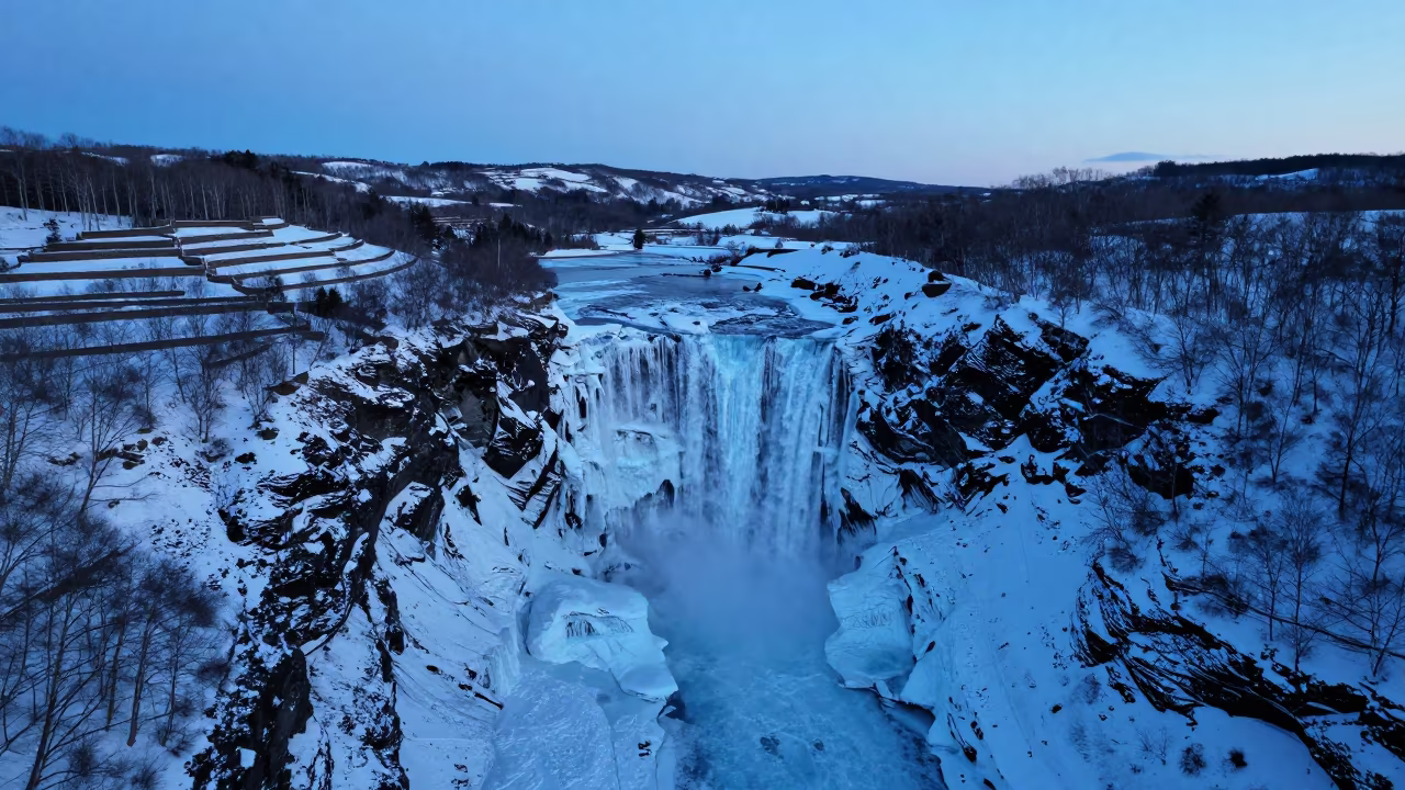 Frozen Waterfall Aerial View Sapporo Winter in far above terraced hillsides near Sapporo