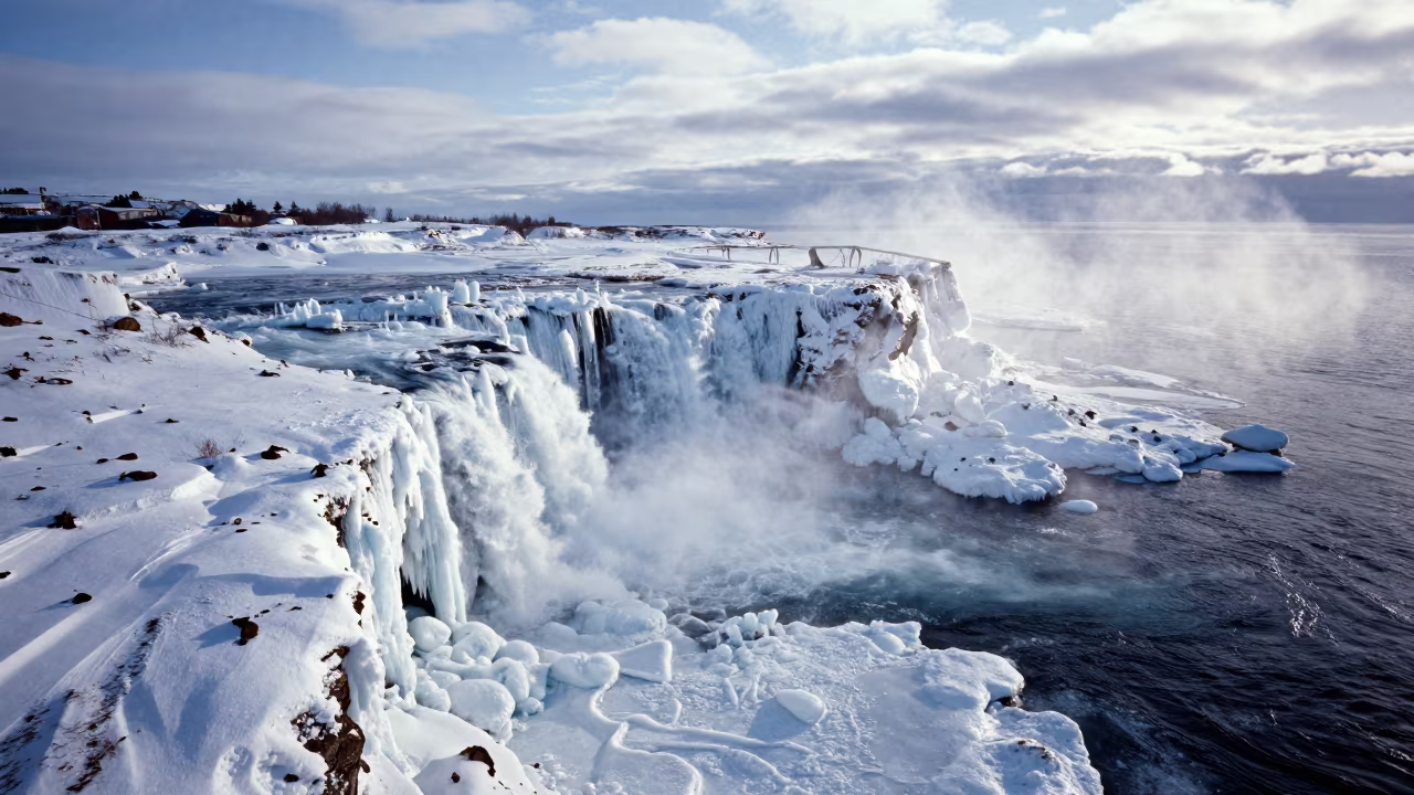 Frozen Waterfall Aerial View Winter Coast in far above surf-scalloped coastline near Rovaniemi
