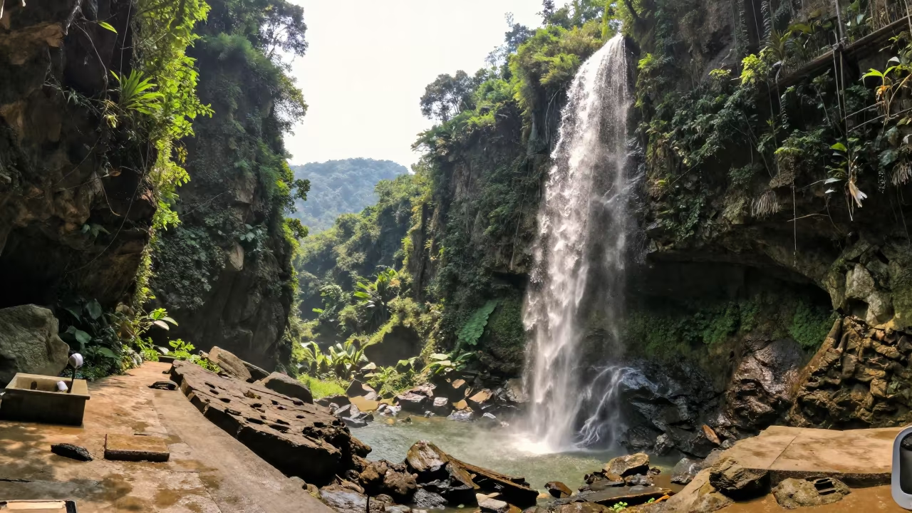 Frozen Waterfall Moonlight Jungle Gorge Late Morning in near Ho Chi Minh City