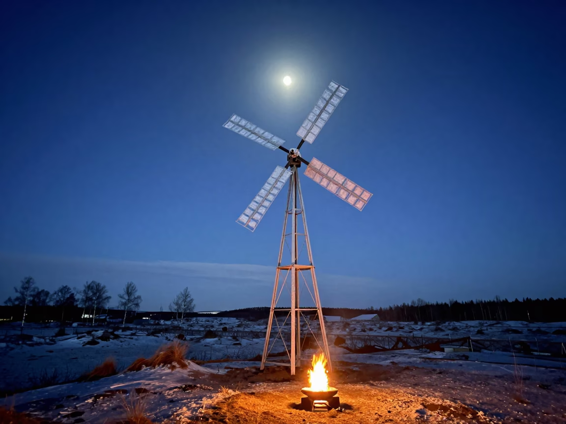 Frozen Windmill Sails Under Arctic Night Moon in from a dune-backed overlook in clear desert air near Helsinki