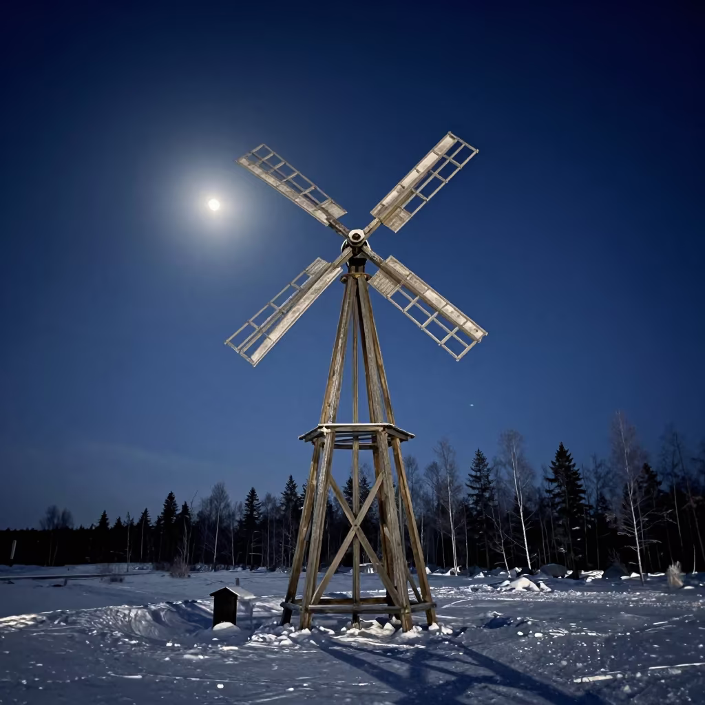 Frozen Windmill Sails Under Full Moon Night in in Northwest Territories