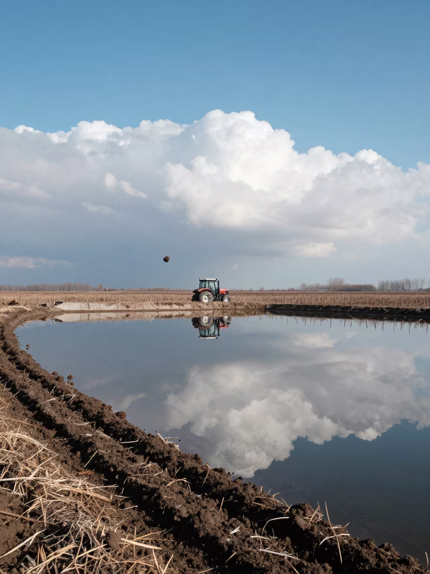 Frozen Winter Tractor Storm Reflection in Hisar Field in beside a tractor track through dark soil in Hisar