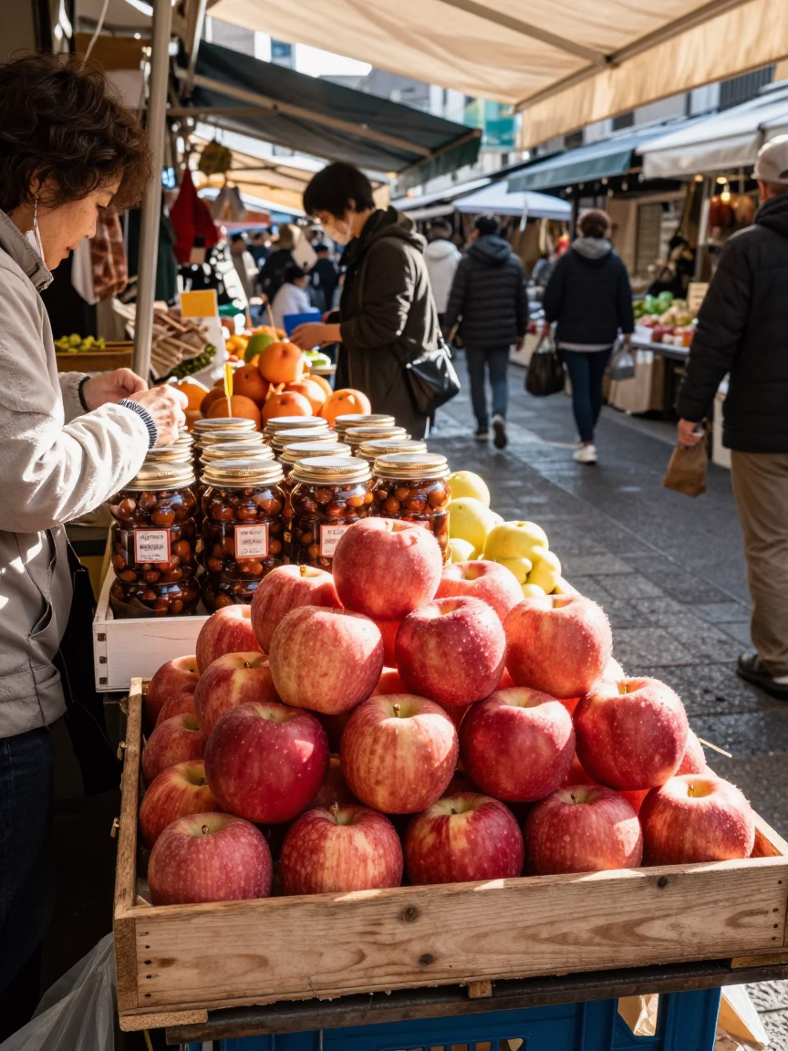 Fruit and Jar Display in Fukuoka Japan Late Morning Market Stall in in Fukuoka, Japan