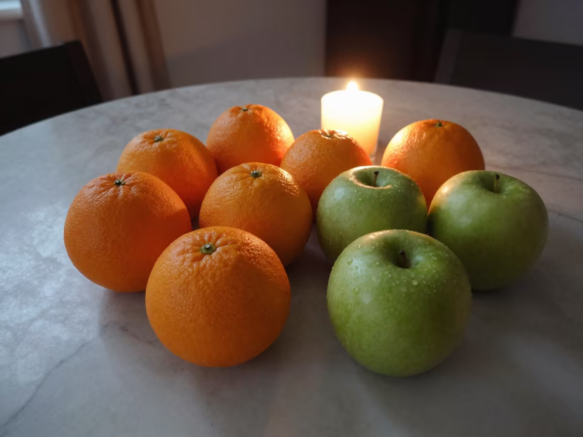 Fruit arrangement on marble table in Durg at dusk in on a marble cafe table in Durg