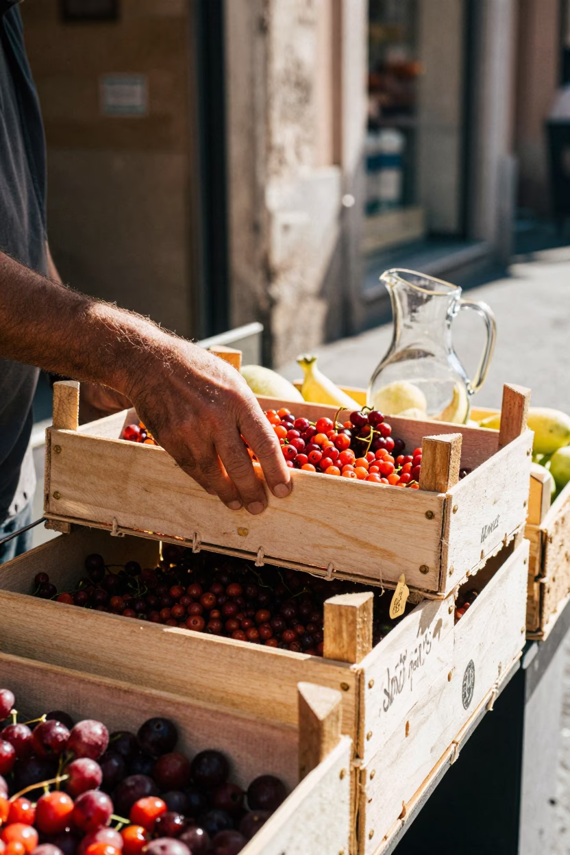 Fruit Crate in Rome at Late Morning Light in in Rome, Italy