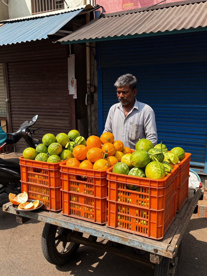 Fruit Crates in Kochi at Flat Noon Light in in Kochi, India
