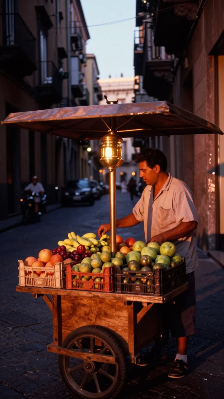 Fruit Crates in Naples at Copper-toned Light Before Dusk in in Naples, Italy