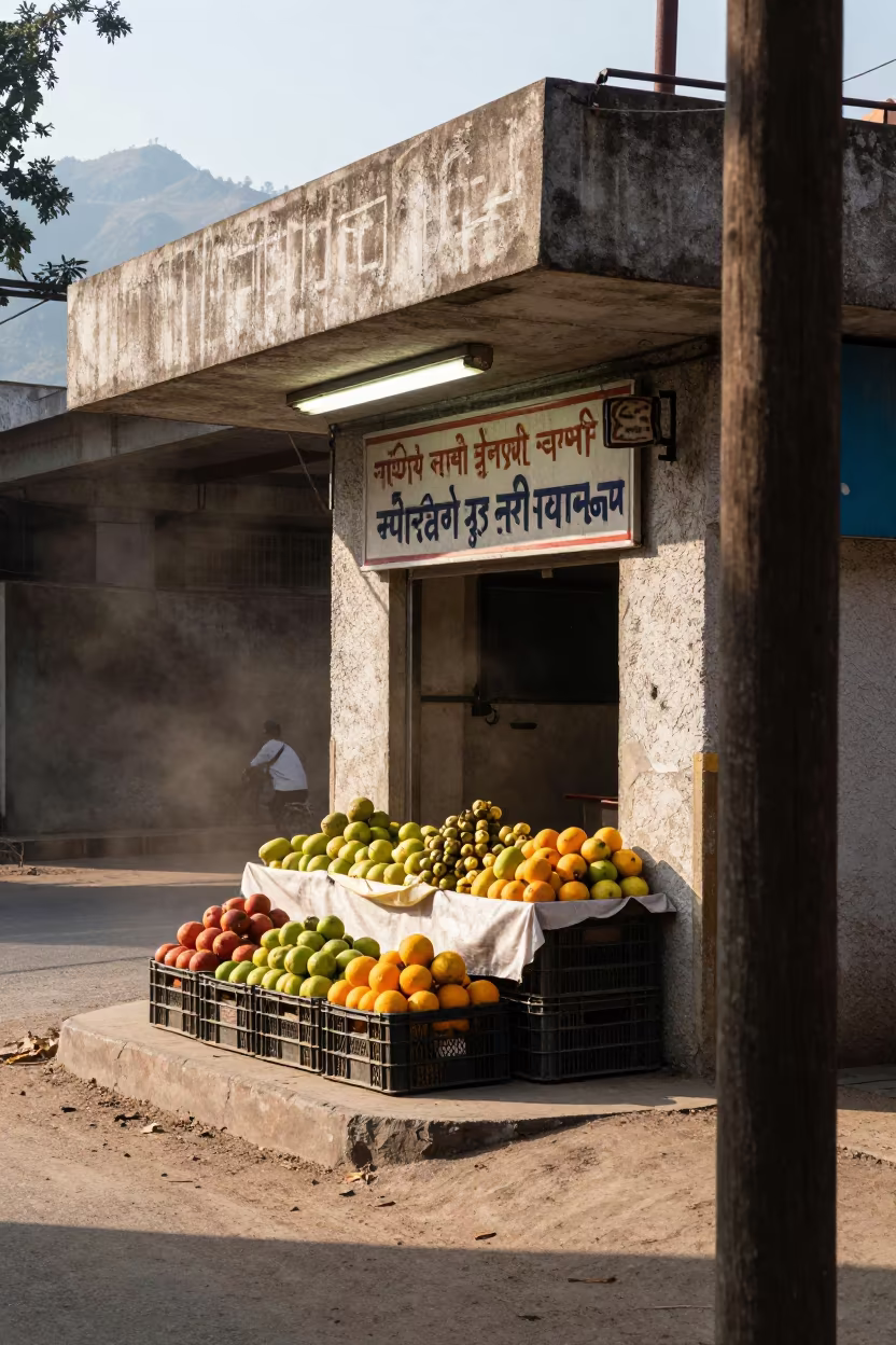 Fruit Crates Spill Sidewalk Under Flickering Light in beneath a flickering underpass light in Jabalpur