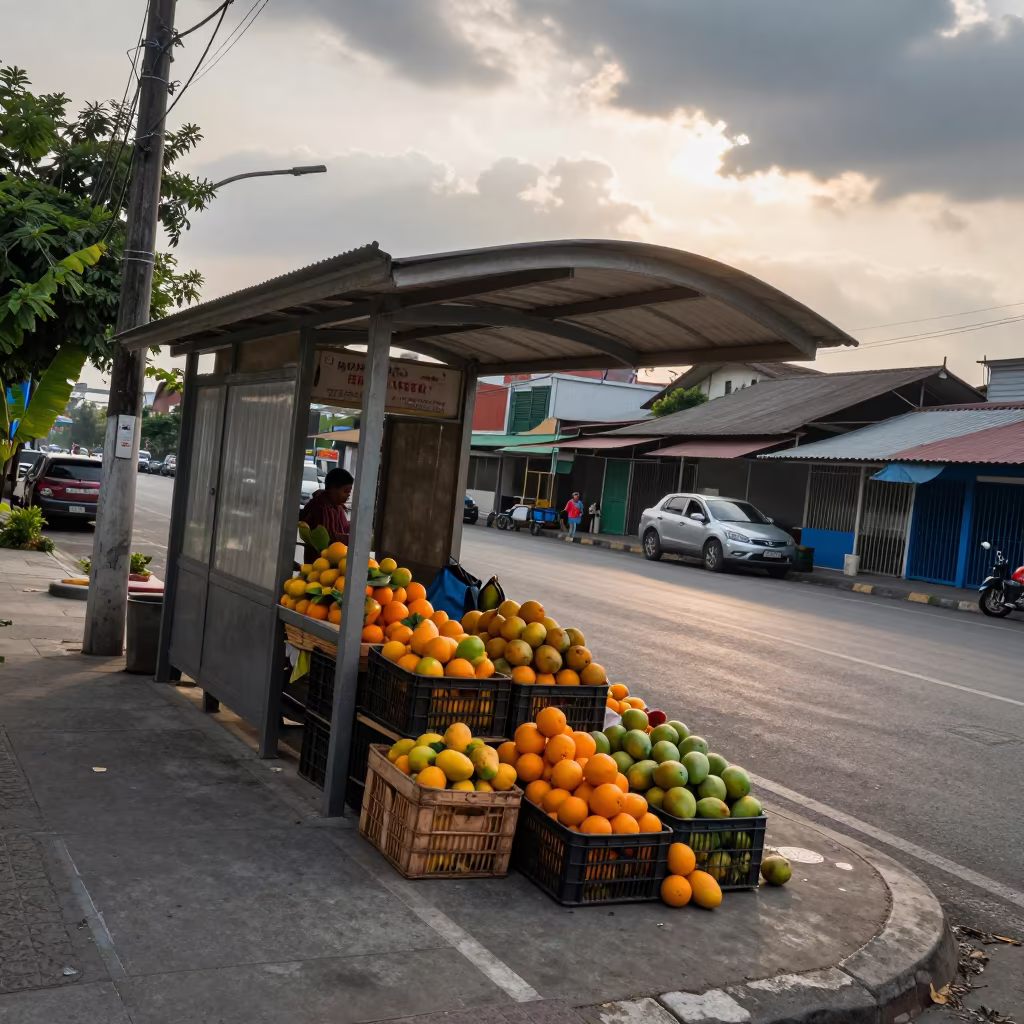 Fruit Crates Spilling on Iloilo Sidewalk in at a tram stop in Iloilo