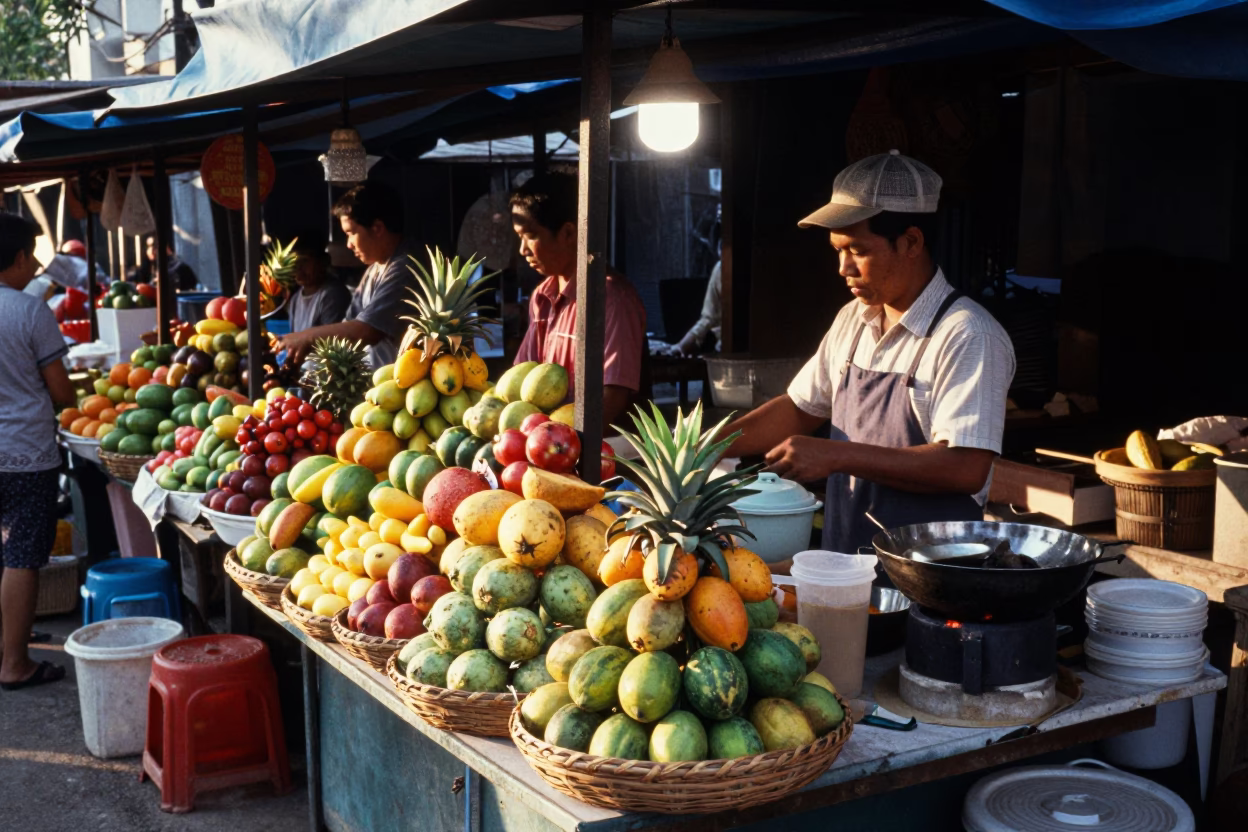 Fruit Display in Phnom Penh at The Late Afternoon Light in in Phnom Penh, Cambodia