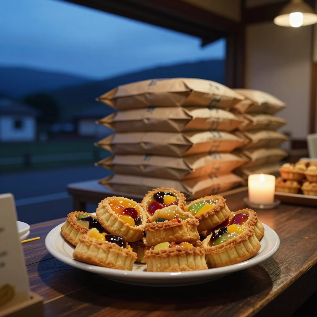 Fruit Filled Kolache on Kagoshima Counter in on a grocer's counter with stacked paper sacks in Kagoshima
