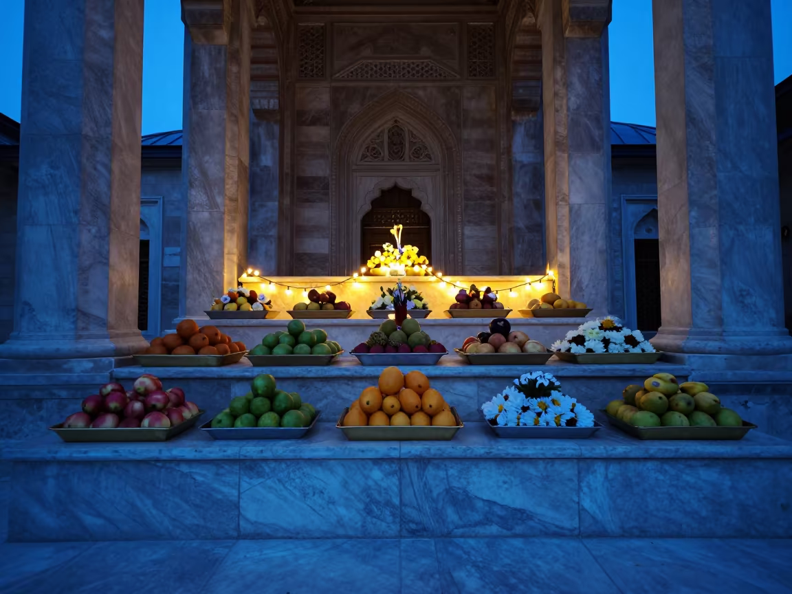 Fruit and Flower Offerings on Candlelit Temple Altar in inside a candlelit nave in Gaziantep