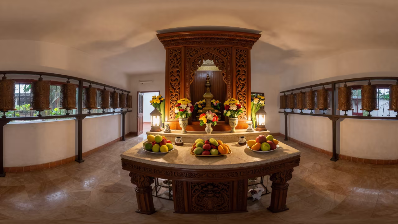 Fruit and Flower Offerings at Pereira Temple Altar in beside a prayer wheel corridor in Pereira