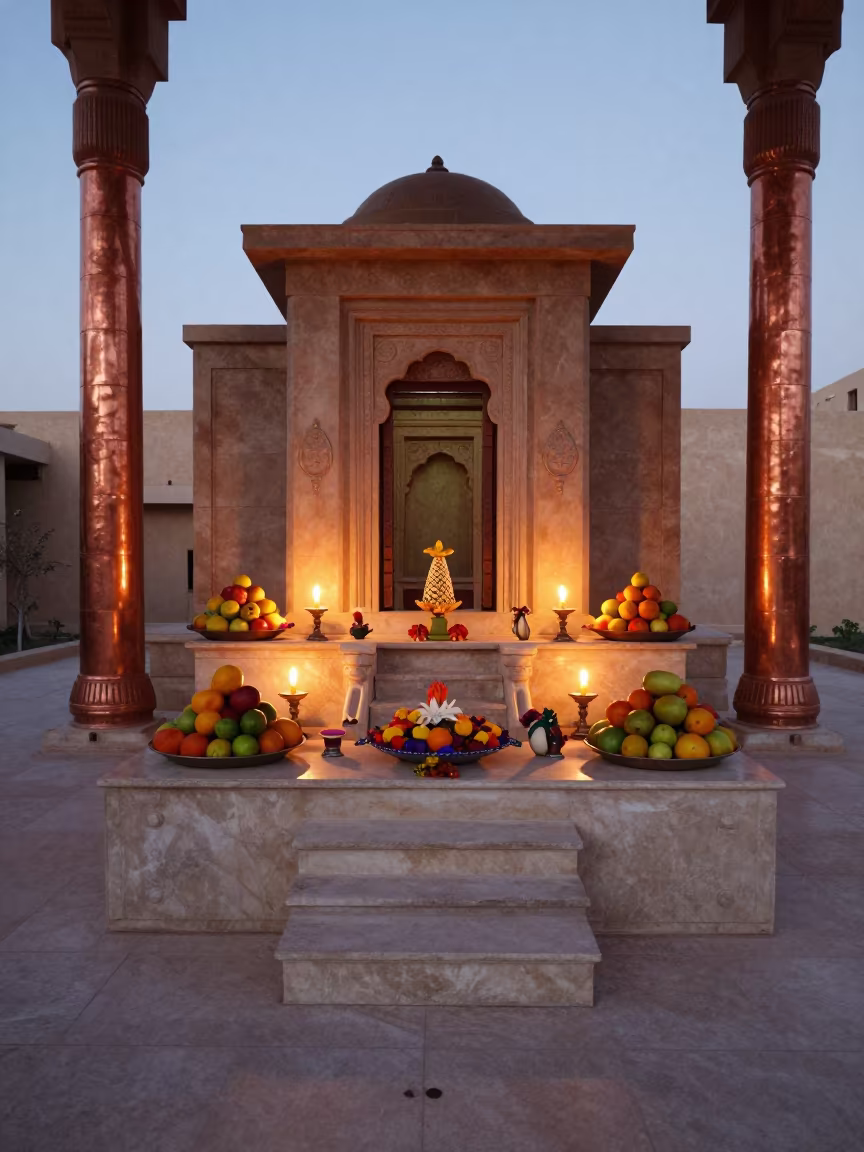Fruit and Flower Offerings at Suez Temple Altar in at the foot of a stone altar in Suez
