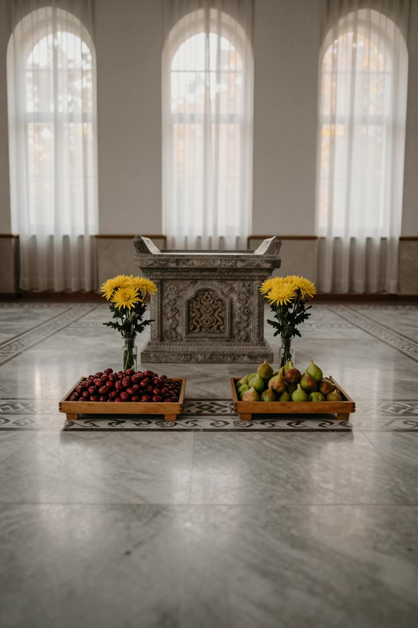 Fruit and Flower Offerings at Xi'an Mosque Altar in in a mosque prayer hall in Xian