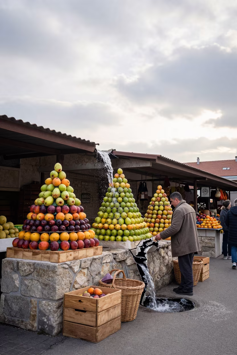Fruit Pyramid Vendor Dawn Bazaar Szeged in in a covered bazaar aisle in Szeged