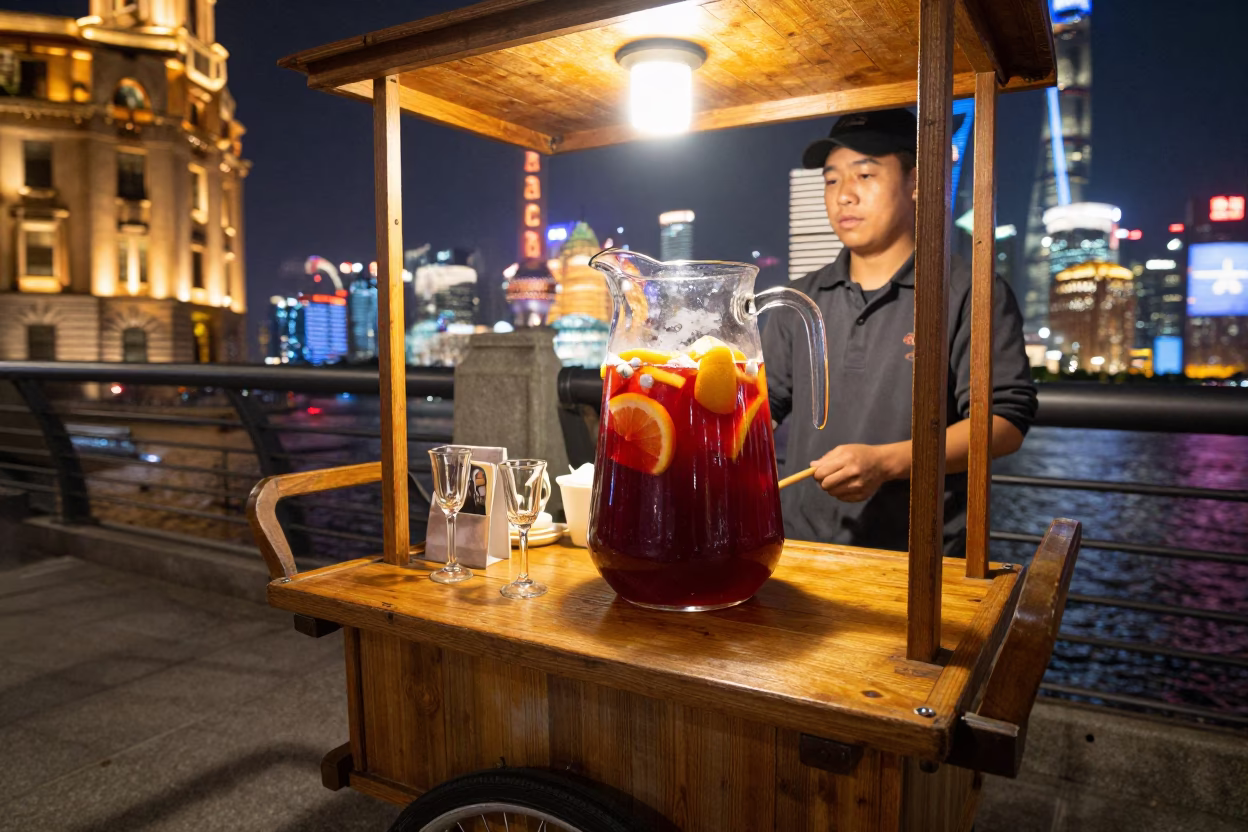Fruit Sangria in Shanghai at As City Lights Begin To Glow in in Shanghai, China