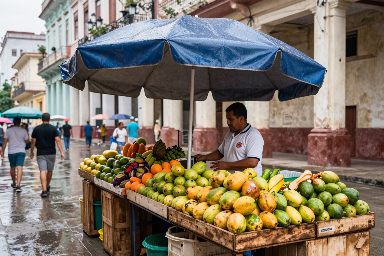 Fruit Seller Under Umbrella in Havana Market in under a market canopy in Vedado, Havana