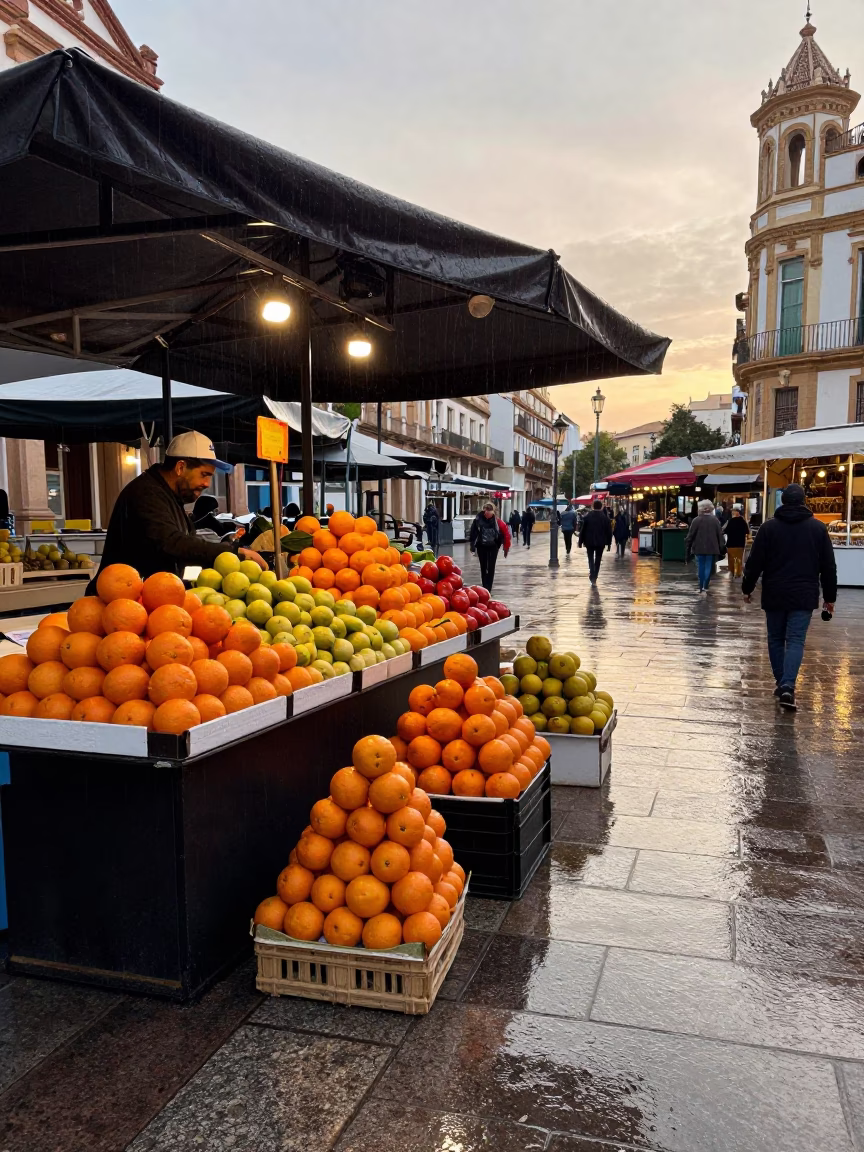 Fruit Stalls in Valencia at First Light in in Valencia, Spain