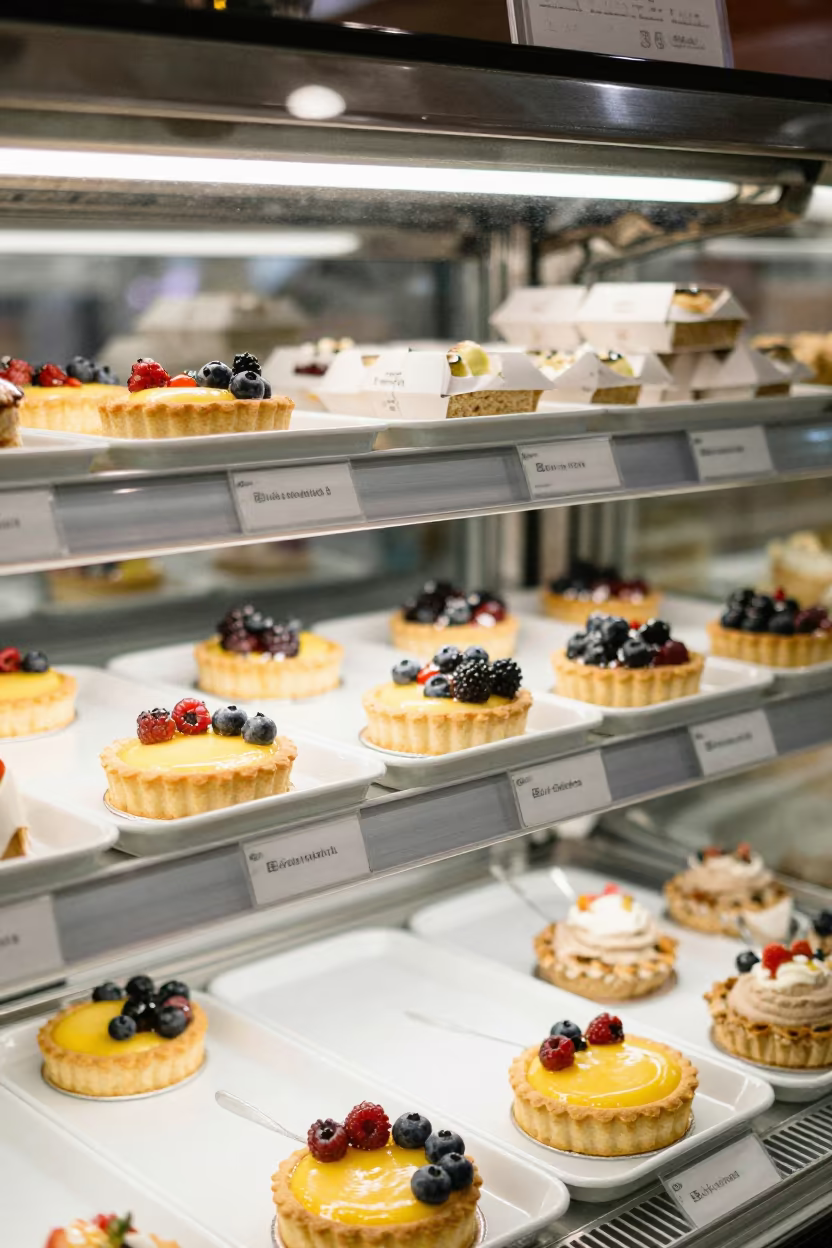 Fruit Tarts and Cake Boxes in Leh Bakery Case in inside a storefront display zone in Leh
