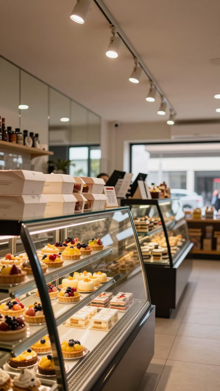 Fruit Tarts and Cake Boxes in Mogadishu Bakery in inside a fitting room corridor in Mogadishu