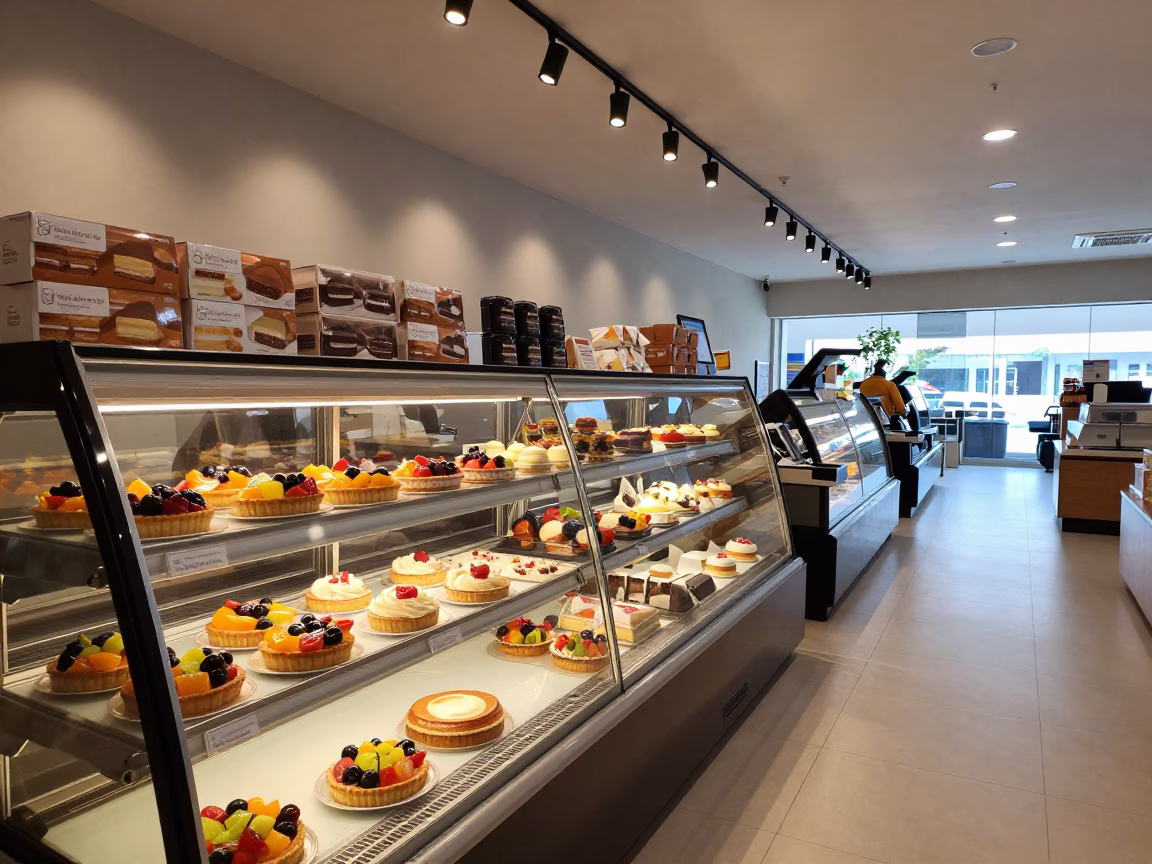 Fruit Tarts in Goiania Bakery Display Case in at a checkout lane under flat store light in Goiania