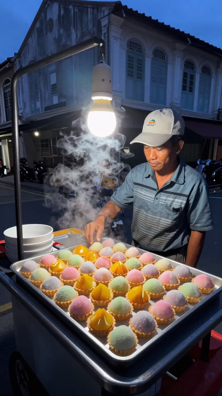 Fruit Tarts in George Town at The Predawn Darkness Light in in George Town, Malaysia
