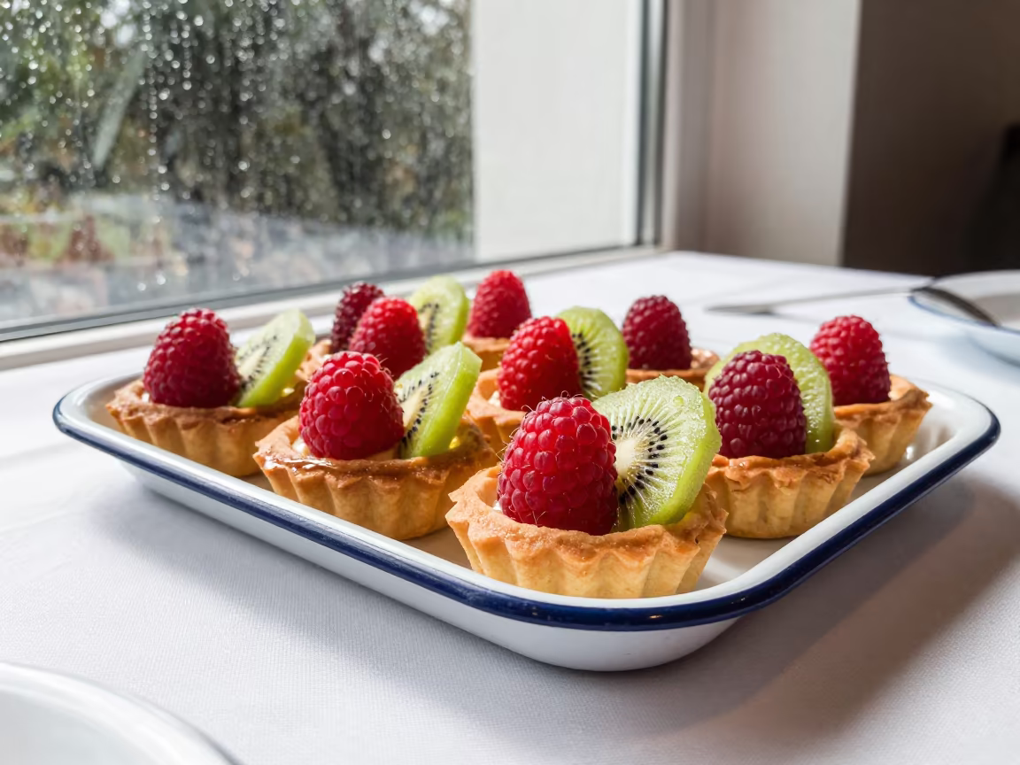 Fruit Tarts on Linen Table Near Astana Window in on a linen-covered restaurant table in Astana