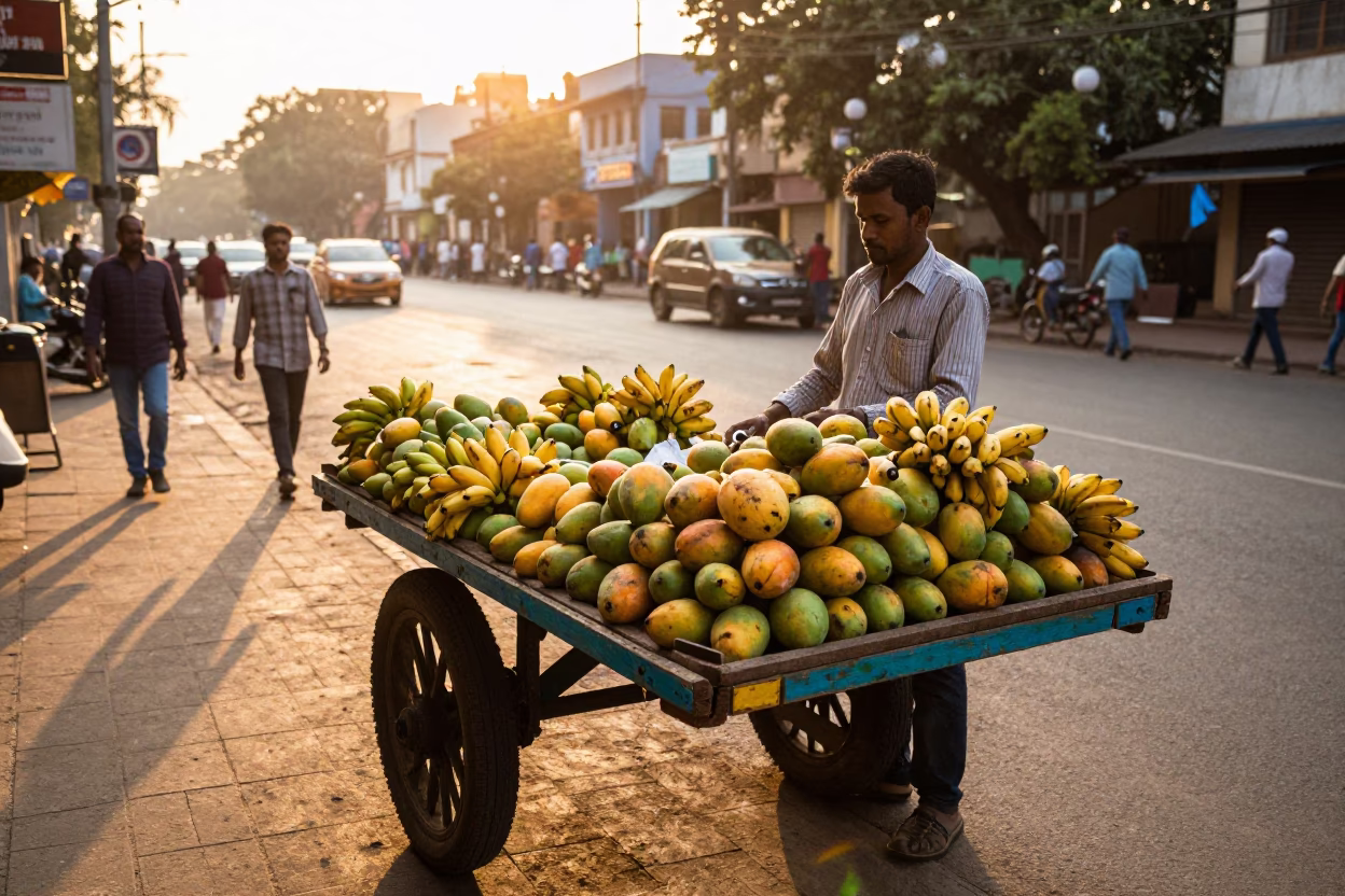 Fruit Vendor Selling Fresh Mangoes And Bananas in Mumbai in in Mumbai, India